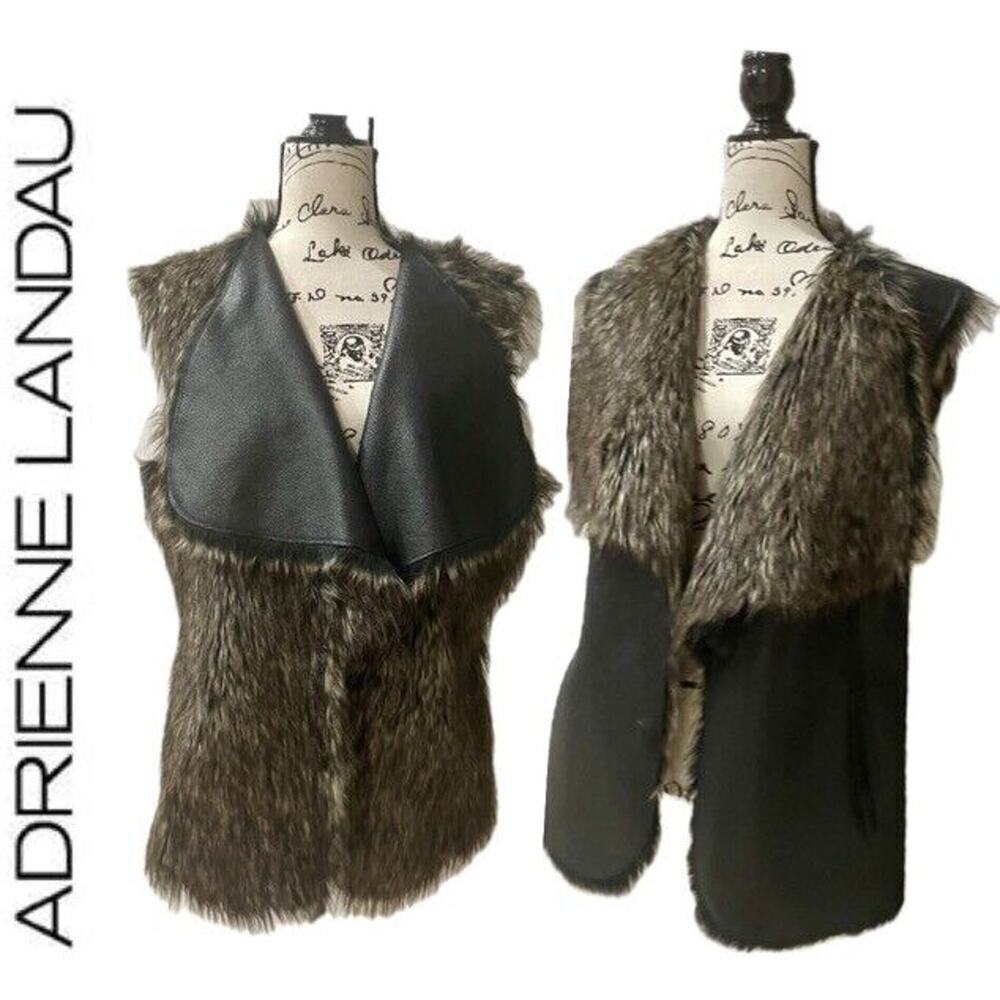 ADRIENNE LANDAU VEST REVERSIBLE FAUX LEATHER FAUX FUR SZ L FRINGE MOB‎ WIFE CORE